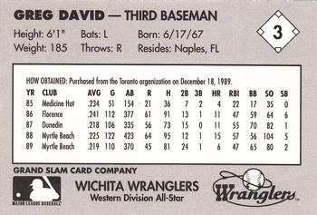 1990 Grand Slam Texas League All-Stars #3 Greg David  Back