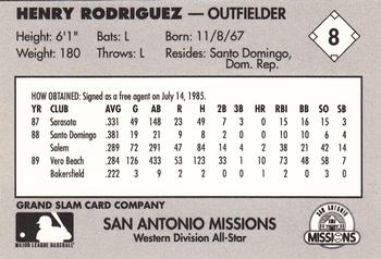1990 Grand Slam Texas League All-Stars #8 Henry Rodriguez Back