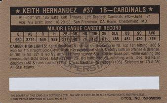 1982 Perma-Graphics Super Star Credit Cards - Gold #150-SS8208 Keith Hernandez Back