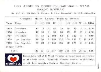 1960 Morrell Meats Los Angeles Dodgers #NNO Sandy Koufax Back