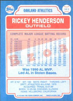 1991 Topps Bazooka Shining Stars #2 Rickey Henderson Back