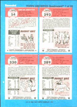 1992 Topps Bazooka Archives Quadracards #7 Ralph Branca / Bob Feller / Rogers Hornsby / Bobby Thomson Back