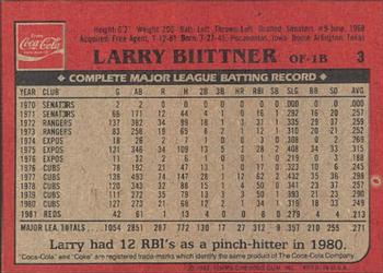 1982 Topps Coca-Cola Cincinnati Reds #3 Larry Biittner Back