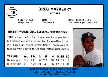 1989 Best San Antonio Missions - Platinum #19 Greg Mayberry Back