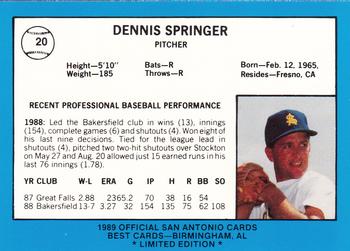1989 Best San Antonio Missions - Platinum #20 Dennis Springer Back