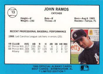 1989 Best Albany-Colonie Yankees - Platinum #13 John Ramos Back