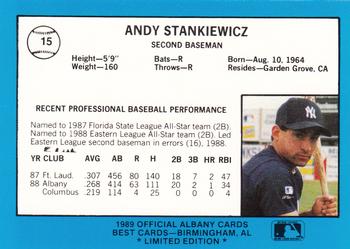 1989 Best Albany-Colonie Yankees - Platinum #15 Andy Stankiewicz Back