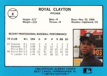 1989 Best Albany-Colonie Yankees - Platinum #6 Royal Clayton Back