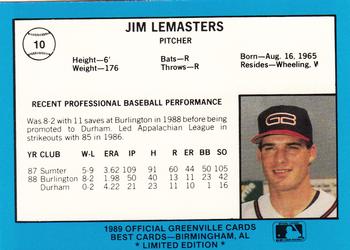 1989 Best Greenville Braves - Platinum #10 Jim LeMasters Back