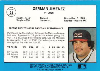 1989 Best Greenville Braves - Platinum #23 German Jimenez Back