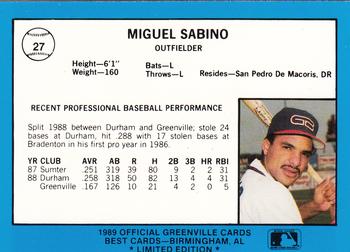 1989 Best Greenville Braves - Platinum #27 Miguel Sabino Back