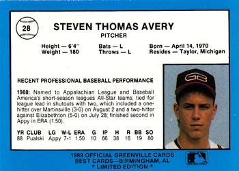 1989 Best Greenville Braves - Platinum #28 Steve Avery Back