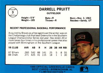1989 Best Greenville Braves - Platinum #3 Darrell Pruitt Back
