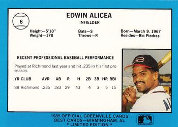 1989 Best Greenville Braves - Platinum #6 Edwin Alicea Back
