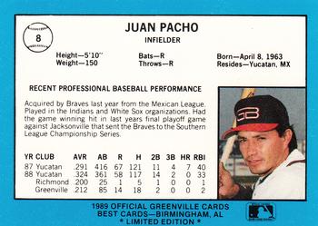 1989 Best Greenville Braves - Platinum #8 Juan Pacho Back