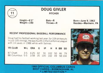 1989 Best Columbus Mudcats - Platinum #11 Doug Givler Back