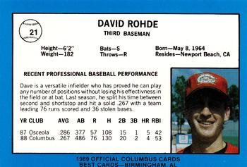1989 Best Columbus Mudcats - Platinum #21 David Rohde Back