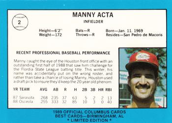 1989 Best Columbus Mudcats - Platinum #2 Manny Acta Back