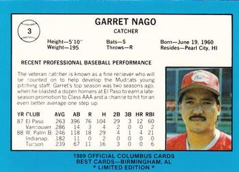1989 Best Columbus Mudcats - Platinum #3 Garrett Nago Back