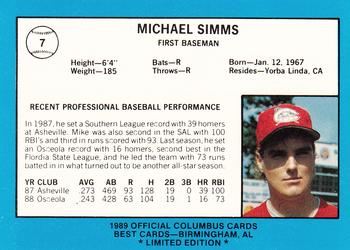 1989 Best Columbus Mudcats - Platinum #7 Michael Simms Back