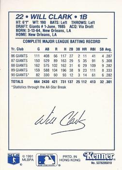 1991 Kenner Starting Lineup Cards #5376205010 Will Clark Back