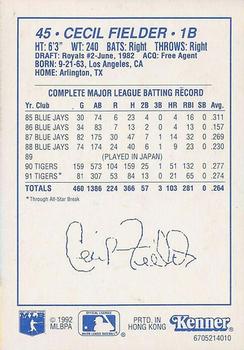 1992 Kenner Starting Lineup Cards #6705214010 Cecil Fielder Back