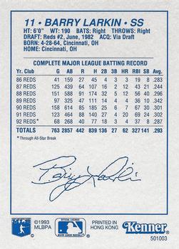 1993 Kenner Starting Lineup Cards #501003 Barry Larkin Back