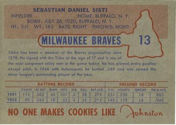 1953 Johnston Cookies Milwaukee Braves #13 Sibby Sisti Back
