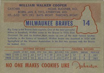 1953 Johnston Cookies Milwaukee Braves #14 Walker Cooper Back