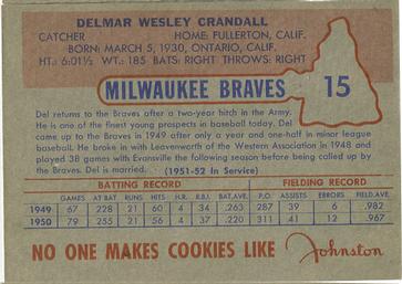 1953 Johnston Cookies Milwaukee Braves #15 Del Crandall Back