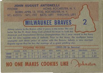 1953 Johnston Cookies Milwaukee Braves #2 John Antonelli Back