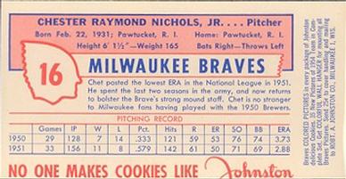 1954 Johnston Cookies Milwaukee Braves #NNO Chet Nichols Back