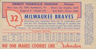 1954 Johnston Cookies Milwaukee Braves #NNO Ernest T. Johnson Back