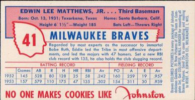 1954 Johnston Cookies Milwaukee Braves #NNO Ed Mathews Back