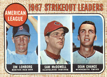 1968 Topps #12 American League 1967 Strikeout Leaders (Jim Lonborg / Sam McDowell / Dean Chance) Front