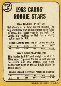 1968 Topps #162 Cardinals 1968 Rookie Stars (Hal Gilson / Mike Torrez) Back