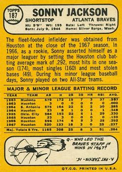 1968 Topps #187 Sonny Jackson Back