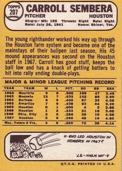 1968 Topps #207 Carroll Sembera Back