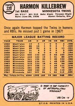 1968 Topps #220 Harmon Killebrew Back