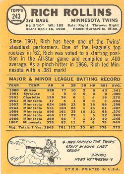 1968 Topps #243 Rich Rollins Back