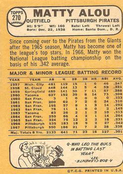 1968 Topps #270 Matty Alou Back