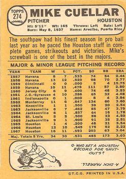 1968 Topps #274 Mike Cuellar Back