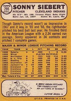 1968 Topps #295 Sonny Siebert Back