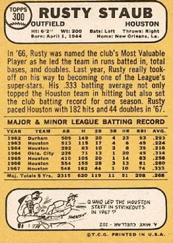 1968 Topps #300 Rusty Staub Back