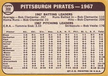 1968 Topps #308 Pittsburgh Pirates Back
