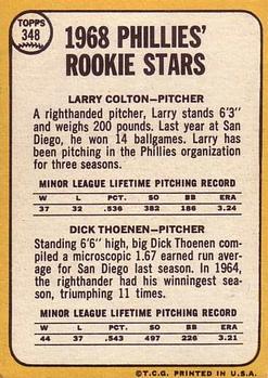 1968 Topps #348 Phillies 1968 Rookie Stars (Larry Colton / Dick Thoenen) Back