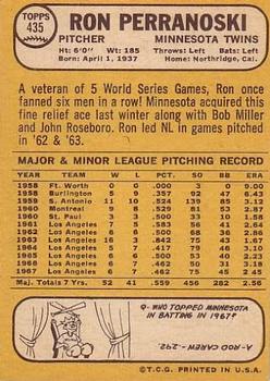 1968 Topps #435 Ron Perranoski Back