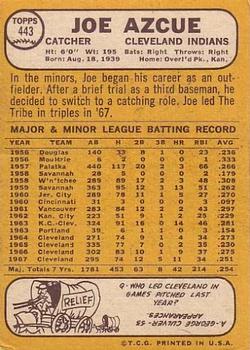1968 Topps #443 Joe Azcue Back
