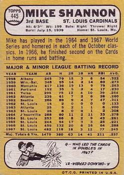 1968 Topps #445 Mike Shannon Back