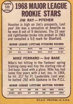 1968 Topps #539 Major League 1968 Rookie Stars (Jim Ray / Mike Ferraro) Back